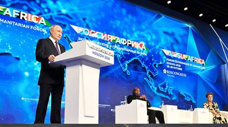 Russian President Vladimir Putin speaks at the plenary session of the Russia-Africa Economic and Humanitarian Forum in Moscow.