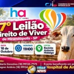 Cartaz do 17º Leilão Direito de Viver em Mirandópolis, marcado para 18 de outubro, às 11h, no Recinto Antonio Hidalgo