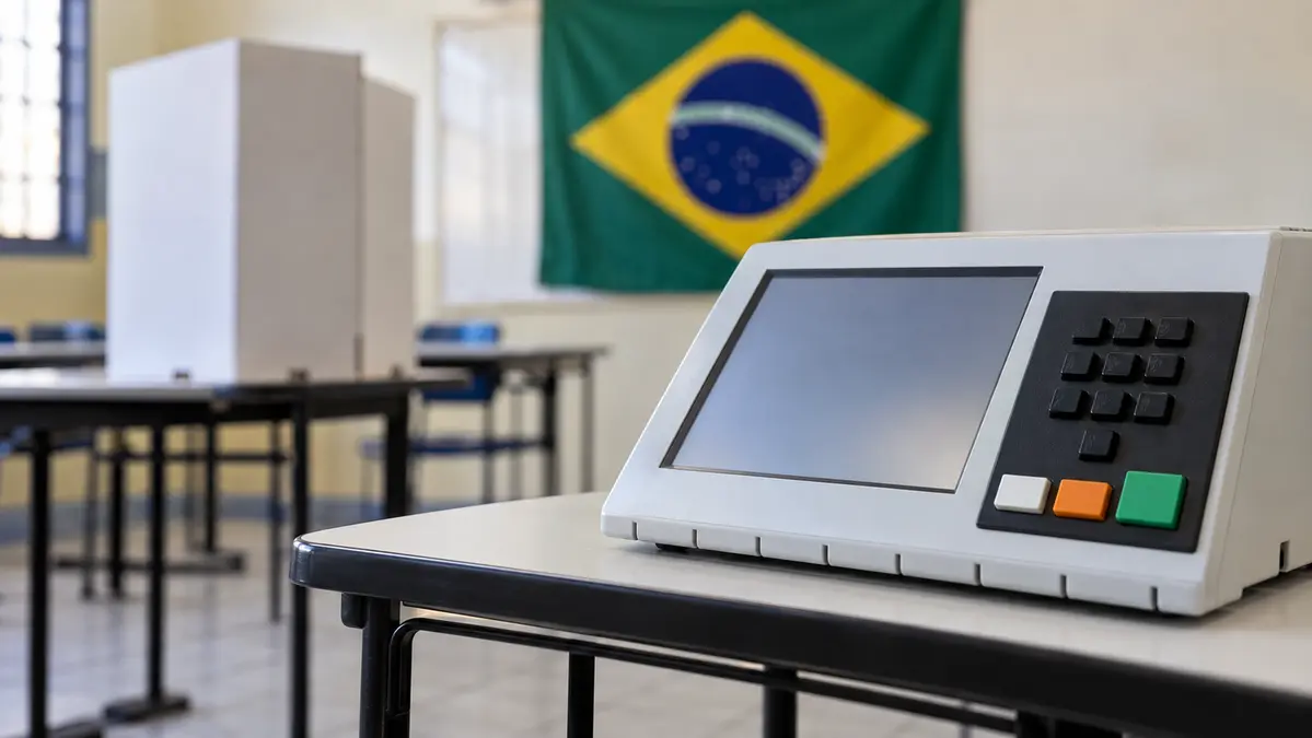 Urna eletrônica em seção eleitoral representa a votação para cargos majoritários em Ilha Solteira